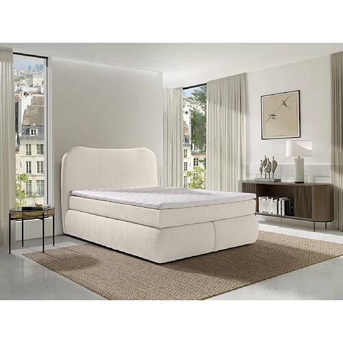 Vente-Unique Ensemble complet boxspring tête de lit + sommier + matelas + surmatelas - 160 x 200 cm - Tissu bouclette - Beige - TRAVINO de YSMÉE