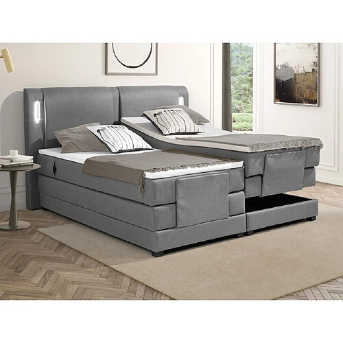 Vente-Unique Ensemble complet boxspring tête de lit avec leds + sommiers relaxation électrique + matelas + surmatelas - 2 x 90 x 200 cm - Tissu - Gris clair - ASTEMI de PALACIO