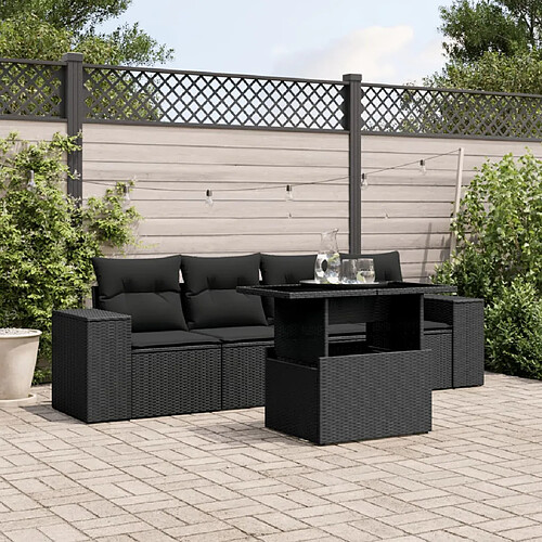 vidaXL Salon de jardin 5 pcs avec coussins noir résine tressée