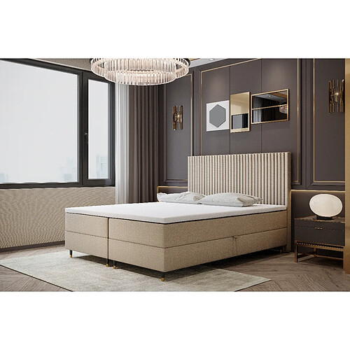 TRADA Lit double adulte ESTEPONA avec matelas, rangement et surmatelas 200x200 beige