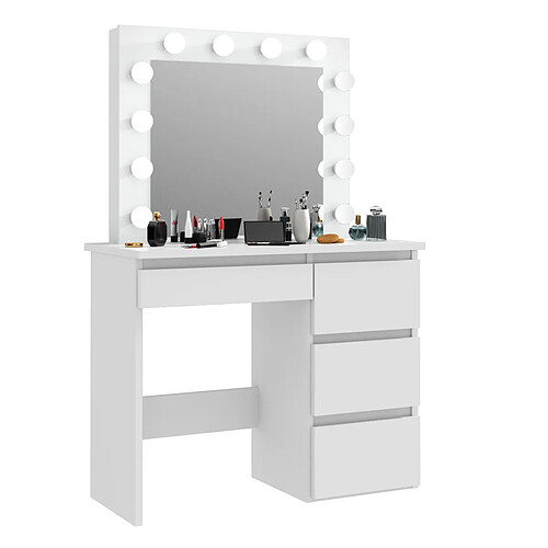 Pegane Coiffeuse avec 4 tiroirs et miroir LED coloris blanc - H75 x L94 x P43 cm