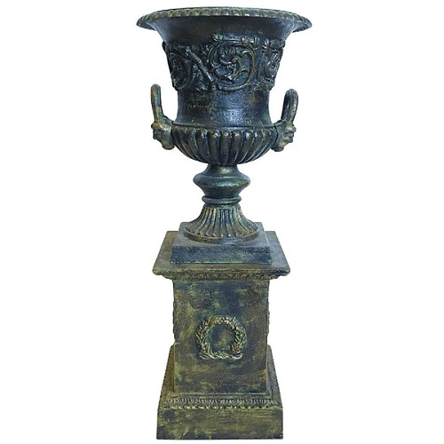 L'Héritier Du Temps Vasque et Socle Géant Vase Jardinière Extérieur de Chateau en Fonte Patinée Verte 56x56x140cm