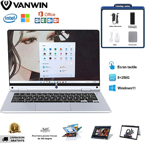 VANWIN PC Portable 8Go RAM+256Go SSD rotation 360°, écran tactile, ordinateur portable 11,6 pouces Windows 11pro 1920*1080 FHD+ WiFi6 Bluetooth5.0 laptop clavier AZERTY-Argent