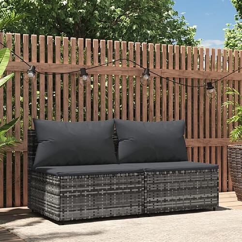 vidaXL Canapés centraux de jardin et coussins 2pcs Gris Résine tressée