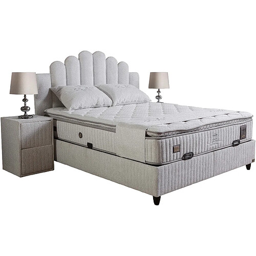 Vivenla Ensemble de lit coffre 180x200 en tissu bouclette blanc avec un matelas à ressorts ensachés 7 zones de confort de la collection ATHENA