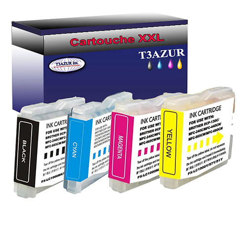 T3Azur Lot de 4 Cartouches compatibles Brother MFC-630CDW, MFC-650CD, MFC-650CDW, LC1000XL