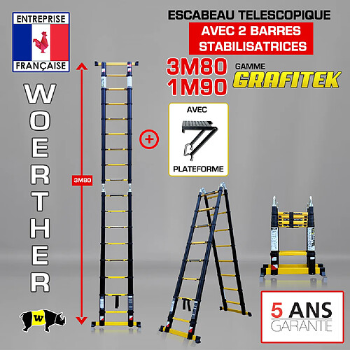 Escabeau-échelle télescopique Woerther 3m80/1m90 Double barre stabilisatrices - Plus plateforme - Qualité supérieure - Garantie 5 ans