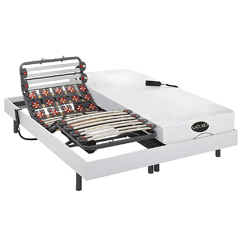 Vente-Unique Lit électrique de relaxation lattes et plots + matelas mémoire de forme et bambou - 2 x 80 x 200 cm - Blanc - DAMYSOS de NATUREA