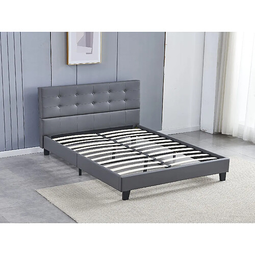 Sensoreve Lit 140x190cm simili cuir gris avec tête de lit boutonnée, sommier lattes en bois