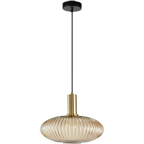 Lampe suspendue moderne, suspension en verre ambré avec douille de suspension en cuivre doré