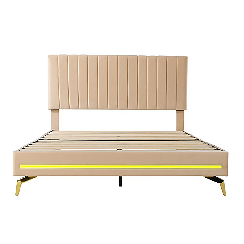 Sweiko Lit adulte 140x200 cm Lit capitonné avec lumières LED et sommier à lattes avec tête de lit réglable beige