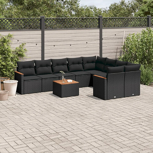 vidaXL Salon de jardin 10 pcs avec coussins noir résine tressée