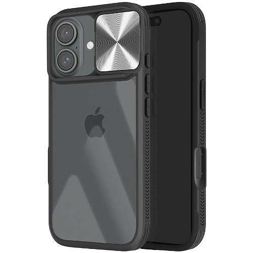 Avizar Coque pour iPhone 16 Bi-matière Cache Caméra Coulissant Compatible QI Noir