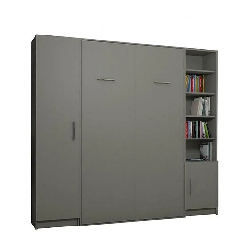 Inside 75 Composition armoire lit escamotable SMART-V2 gris mat Couchage 140 x 200 cm colonne armoire et bibliothèque