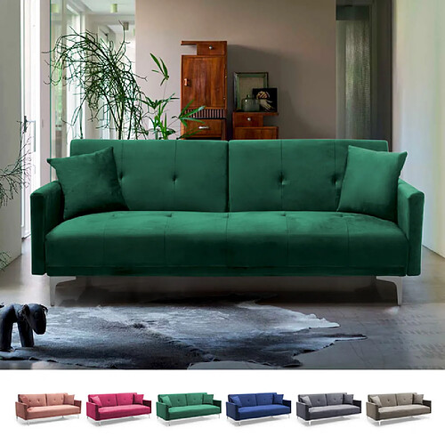 Modus Sofà Canapé convertible 3 places design clic clac en tissu velours Villolus | Couleur: Vert foncé