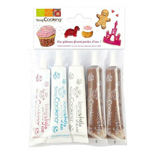 Scrapcooking Stylos de glaçage blanc, rose, bleu + 2 stylos chocolat