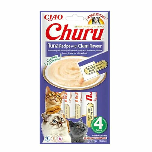 INABA Churu - Friandises pour Chats en purée au Thon & Palourdes - 4 Tubes x 14g - Délicieux Snacks pour Félins - Texture Lisse et Onctueuse - Nourriture pour Chats