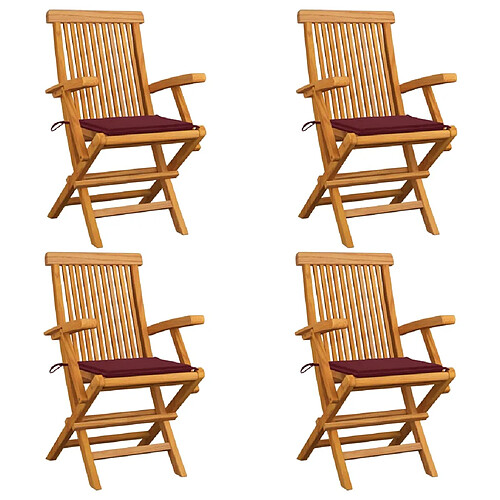 vidaXL Chaises de jardin avec coussins rouge bordeaux lot de 4 Teck