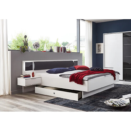 Pegane Lit adulte double 180x200 cm + 2 chevets + 2 tiroirs coloris blanc/graphite - Longueur 289 x Profondeur 210 x Hauteur 92 cm