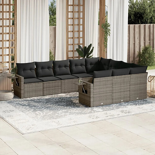 vidaXL Salon de jardin avec coussins 10 pcs gris résine tressée