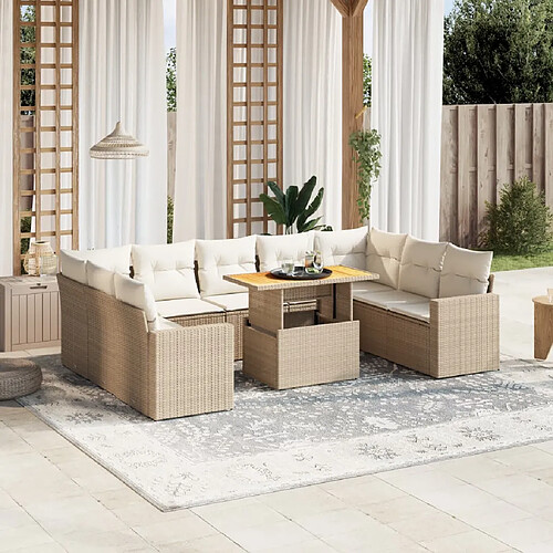 vidaXL Salon de jardin avec coussins 10 pcs beige résine tressée