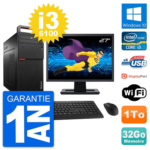 PC Tour Lenovo M700 Ecran 27" Intel i3-6100 RAM 32Go Disque 1To Windows 10 Wifi · Occasion