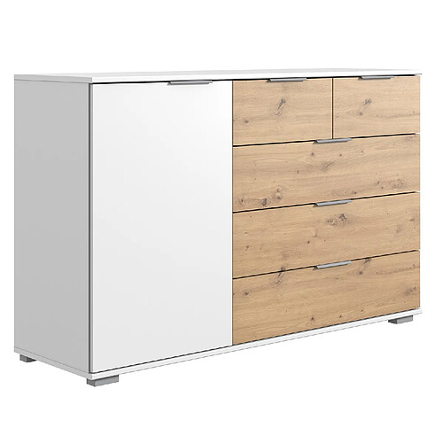 Pegane Commode meuble de rangement, coloris blanc/imitation chêne artisan - Longueur 130 x Hauteur 90 x Profondeur 41 cm