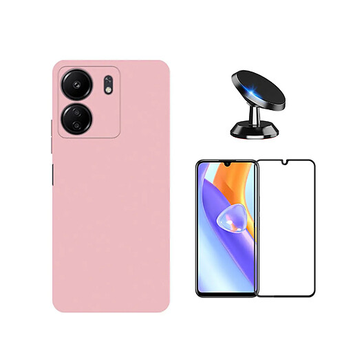 Kit de film en verre trempé de la couverture 5D + couvercle de silicone liquide + SuppOrt Magnétique Phonecare pour Xiaomi Redmi 13C - rose