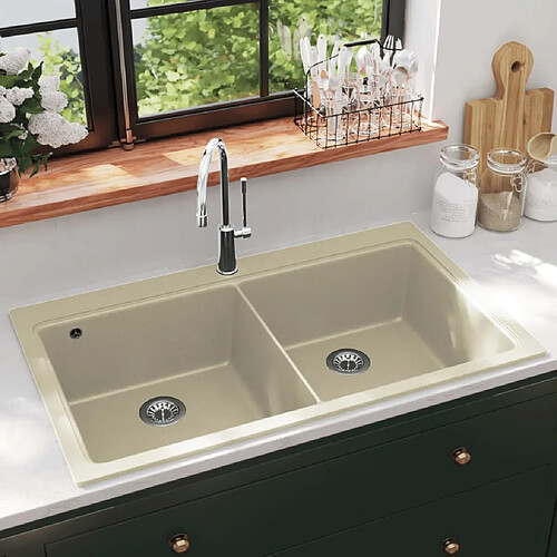 vidaXL Évier de cuisine Granit Double lavabo Beige