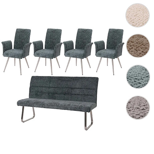 Mendler Set de salle à manger HWC-G55, set de 4 chaises avec accoudoirs+banc 180cm, inox brossé tissu/textile chenille ~ bleu-vert