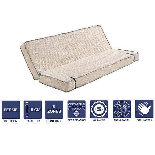 Provence Literie Matelas Ferme Pour tous Clic Clac 130x190 x 15 cm + Latex Naturel sur Face Hiver - Dim Assise 60 cm - 5 zones de Confort - Face été et Ame Poli Lattex Haute Résilience - Hypoallergénique