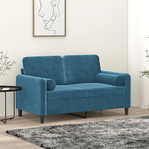 vidaXL Canapé 2 places avec oreillers décoratifs bleu 120 cm velours