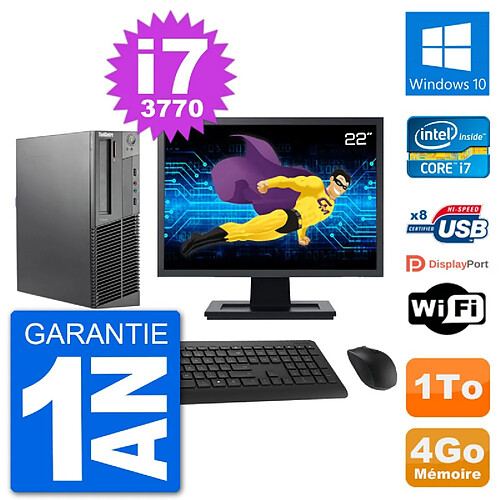 PC Lenovo M92p SFF Ecran 22" Intel i7-3770 RAM 4Go Disque 1To Windows 10 Wifi · Occasion