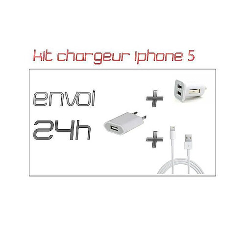 Kit chargeur 3 en 1 - iPhone 5/5S/5C/SE - Chargeur maison & voiture + câble - Blanc