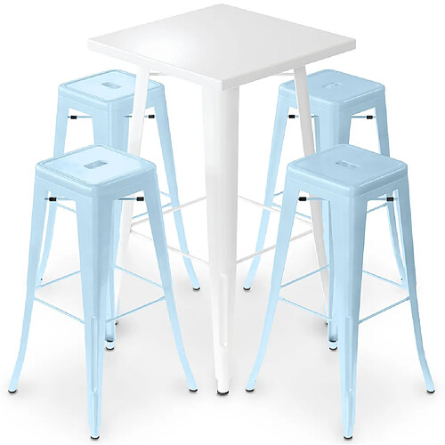 ICONIK INTERIOR Table de bar blanche + X4 tabourets de bar en acier mat Set Bistrot Stylix Design Industriel - Nouvelle édition Bleu clair