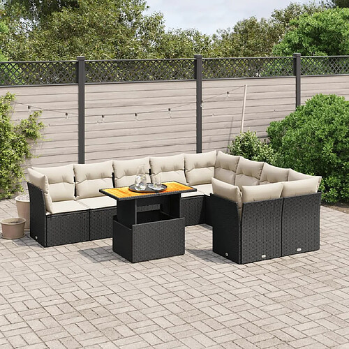 vidaXL Salon de jardin 10 pcs avec coussins noir résine tressée