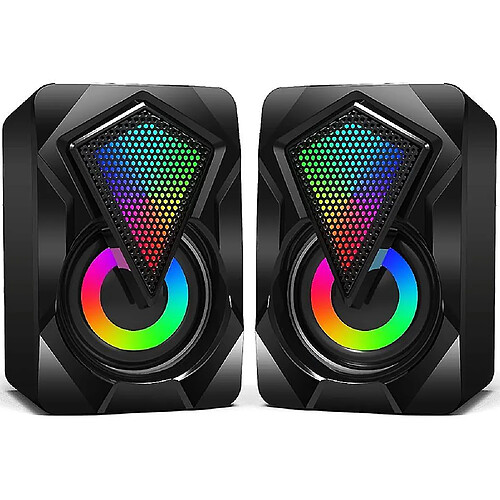 Universal Haut-parleur de bureau de PC, 6W Mini-haut-parleur de bureau avec lumière de LED colorée, stéréo 2.0, alimenté par USB, 3,5 mm Aux, multimédia portable pour ordinateur portable ordinateur portable, Tablettes Téléphone (Noir)