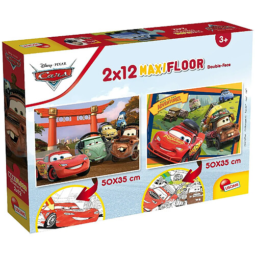 Lisciani - Disney Puzzle Cars - 2 Maxi Puzzles de 12 Pièces - Double Face - Verso A Colorier - Jeu Educatif - A partir de 3 ans