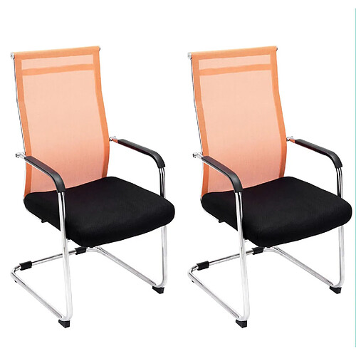 Decoshop26 Lot de 2 fauteuils de bureau chaises visiteur avec accoudoirs en maille orange et métal chromé 10_0001891