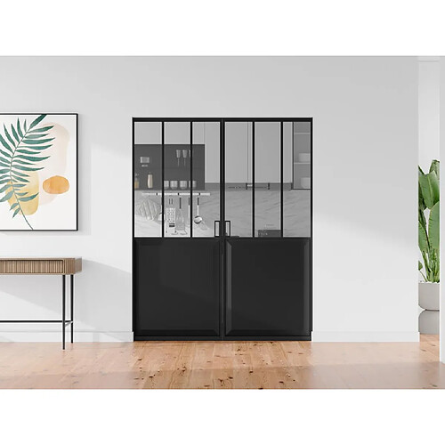 Vente-Unique Porte coulissante double atelier avec système à galandage - Noir et verre trempé - 2 x H205 x L83 cm - ARTISTO II