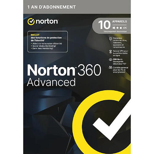 Norton 360 Advanced - Licence 1 an - 10 postes - A télécharger