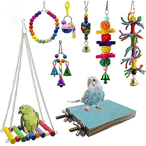 Lot de 8 jouets à mâcher pour balançoires pour oiseaux - Jouets pour perroquets, hamacs, cloches, adaptés aux petites perruches, calopsittes, conures, pinsons, perruches, aras, perroquets, inséparables