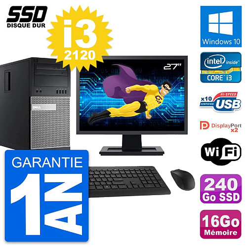 PC Tour Dell 9010 Ecran 27" Intel i3-2120 RAM 16Go SSD 240Go Windows 10 Wifi · Occasion