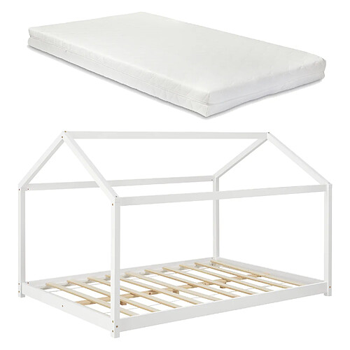 Lit d'Enfant Forme Maison Cerro avec Matelas Mousse à Froid 140 x 200 cm Blanc [en.casa]