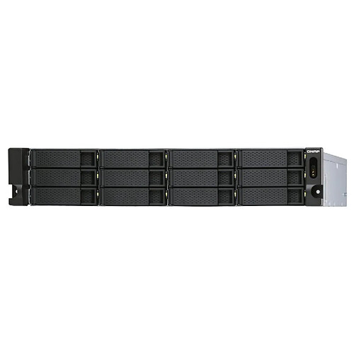 QNAP 12-bay 2U rackmount SATA JBOD expansion unit, redundant PSU, with a QXP-1600eS PCIe SATA host card and 3 SFF-8088 to SFF-8644 SAS/SATA 6Gb/s external cables.