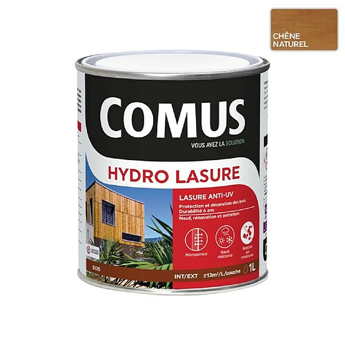 HYDRO LASURE Chêne naturel 1L - Lasure anti-UV pour la protection et la mise en valeur du veinage des bois verticaux - COMUS