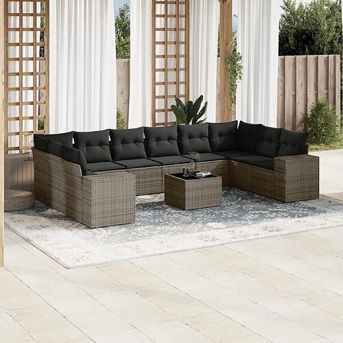 vidaXL Salon de jardin 11 pcs avec coussins gris résine tressée