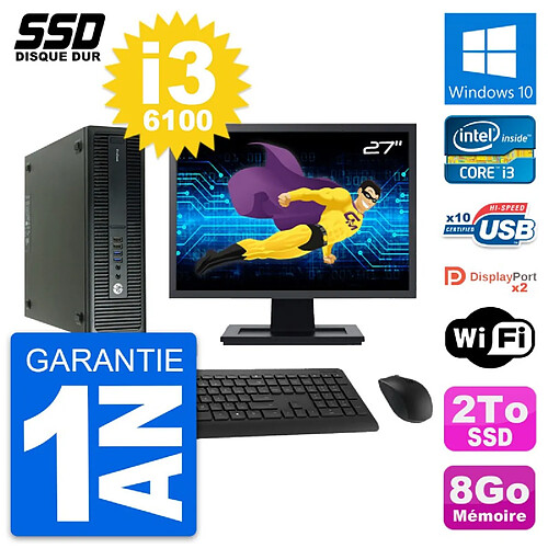 PC HP 600 G2 SFF Ecran 27" Intel Core i3-6100 RAM 8Go SSD 2To Windows 10 Wifi · Occasion