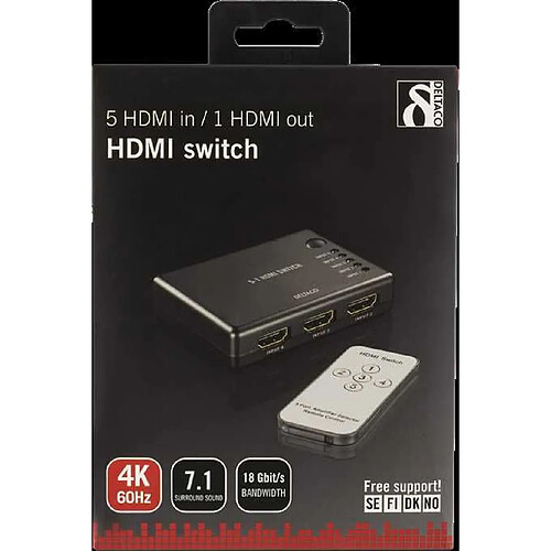 Commutateur HDMI DELTACO 5in-1out, 4k en 60Hz, audio 7.1, Ultra HD, noir / HDMI-7043