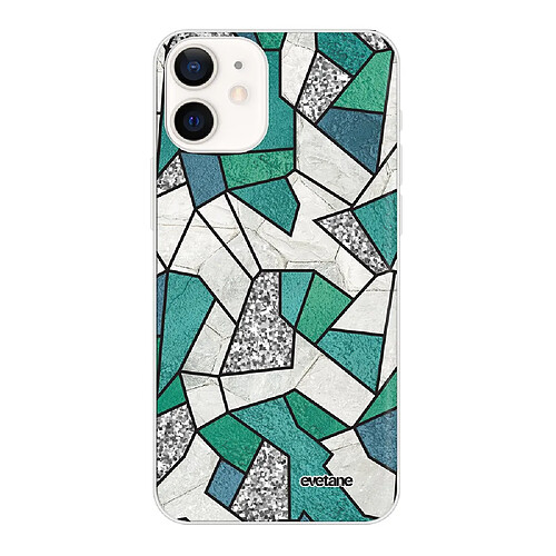 Coque iPhone 12 mini souple transparente Marbre Bleu Vert et Gris Motif Ecriture Tendance Evetane